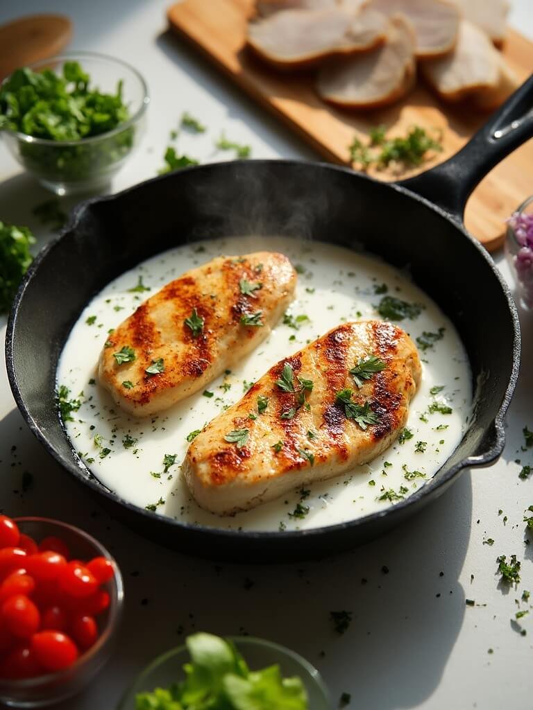 "Seared chicken breast with creamy yogurt sauce and diced vegetables in a skillet on a kitchen countertop"