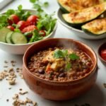 "High-protein vegetarian dishes including lentil chili, stuffed zucchini, and crispy tofu salad on a clean white background."
