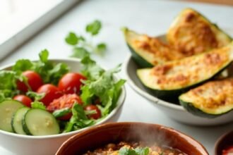 "High-protein vegetarian dishes including lentil chili, stuffed zucchini, and crispy tofu salad on a clean white background."