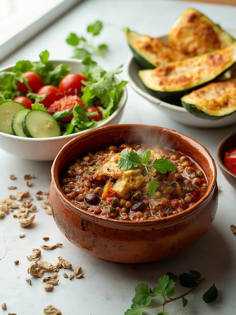 "High-protein vegetarian dishes including lentil chili, stuffed zucchini, and crispy tofu salad on a clean white background."
