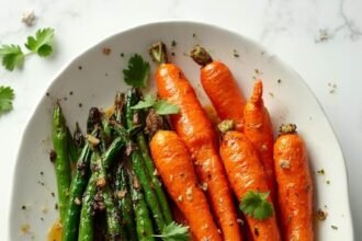 "Overhead shot of honey glazed carrots and green beans on a white platter"