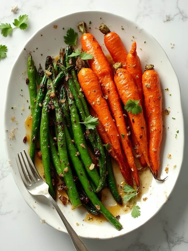 "Overhead shot of honey glazed carrots and green beans on a white platter"