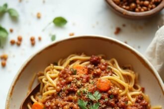 "Bowl of lentil bolognese pasta with fresh herbs on clean marble surface"