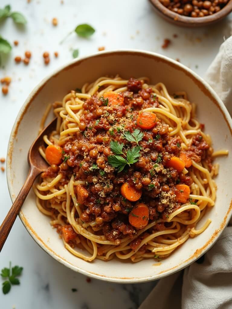 "Bowl of lentil bolognese pasta with fresh herbs on clean marble surface"