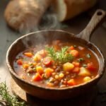 "Overhead shot of steaming lentil vegetable soup in a rustic ceramic bowl on a weathered wooden surface, garnished with fresh herbs and served with crusty bread."