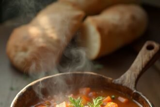 "Overhead shot of steaming lentil vegetable soup in a rustic ceramic bowl on a weathered wooden surface, garnished with fresh herbs and served with crusty bread."