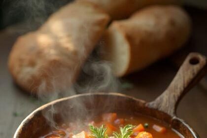 "Overhead shot of steaming lentil vegetable soup in a rustic ceramic bowl on a weathered wooden surface, garnished with fresh herbs and served with crusty bread."