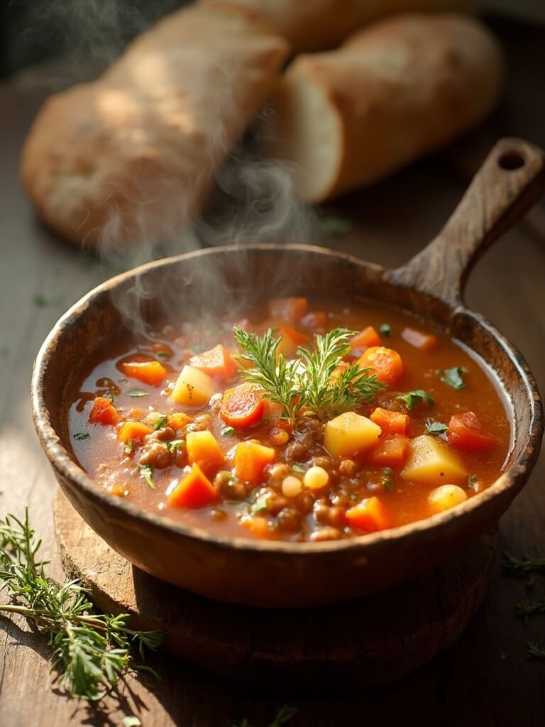 "Overhead shot of steaming lentil vegetable soup in a rustic ceramic bowl on a weathered wooden surface, garnished with fresh herbs and served with crusty bread."
