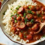 "A bowl of classic Louisiana red beans and rice with andouille sausage and ham hocks, garnished with parsley and green onions, on a clean white marble background"