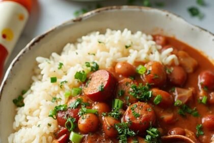 "A bowl of classic Louisiana red beans and rice with andouille sausage and ham hocks, garnished with parsley and green onions, on a clean white marble background"