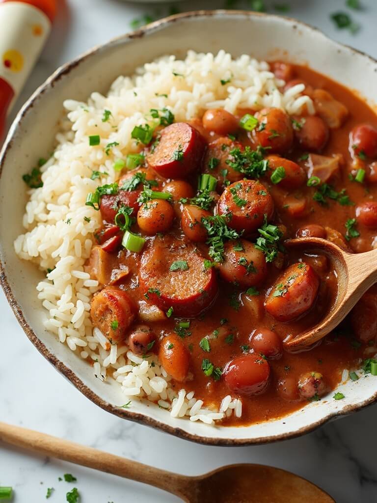"A bowl of classic Louisiana red beans and rice with andouille sausage and ham hocks, garnished with parsley and green onions, on a clean white marble background"