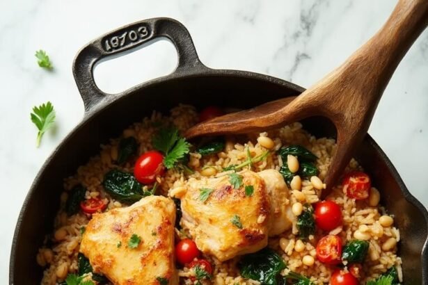 "Overhead view of a Mediterranean Bean and Rice Bowl with chunks of chicken thigh, cannellini beans, brown rice, diced tomatoes, and spinach in a rustic Dutch oven on a clean white marble surface."