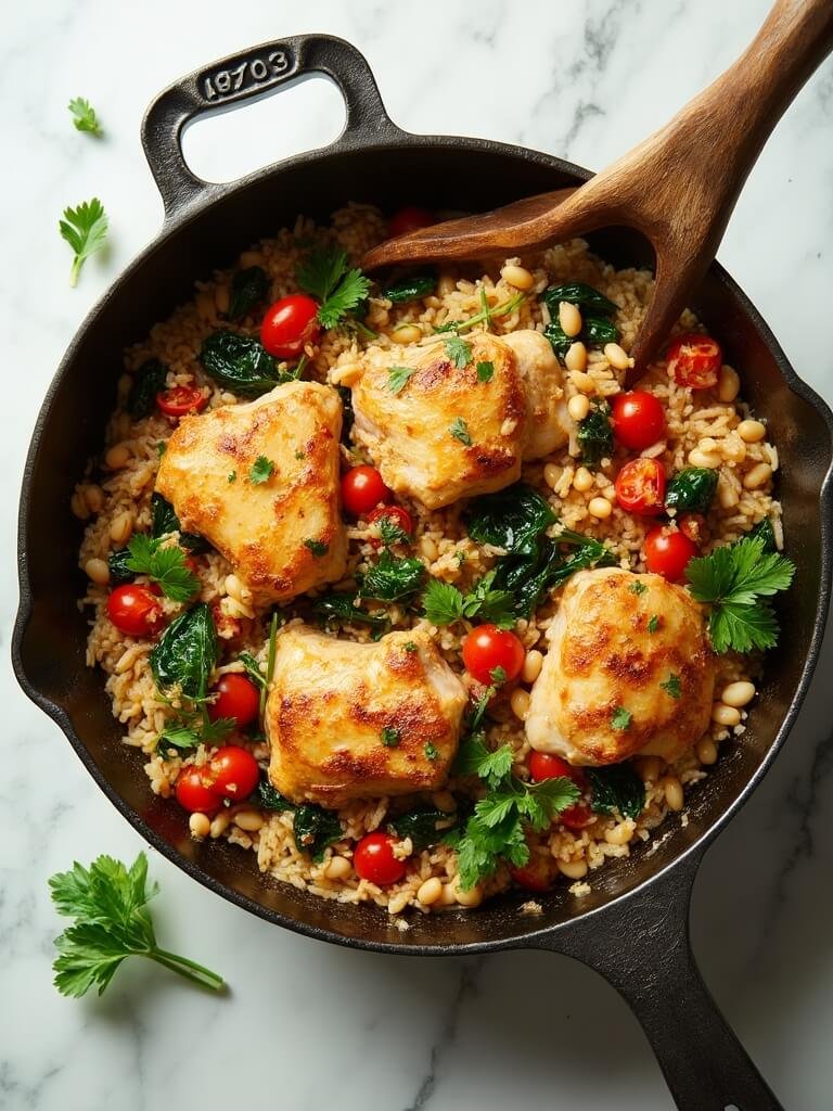 "Overhead view of a Mediterranean Bean and Rice Bowl with chunks of chicken thigh, cannellini beans, brown rice, diced tomatoes, and spinach in a rustic Dutch oven on a clean white marble surface."