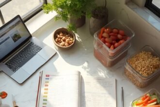 "Overhead shot of a monthly meal planning system with a calendar, organized ingredients, prepped meals in containers, and a budgeting laptop, on a marble countertop under soft natural lighting."