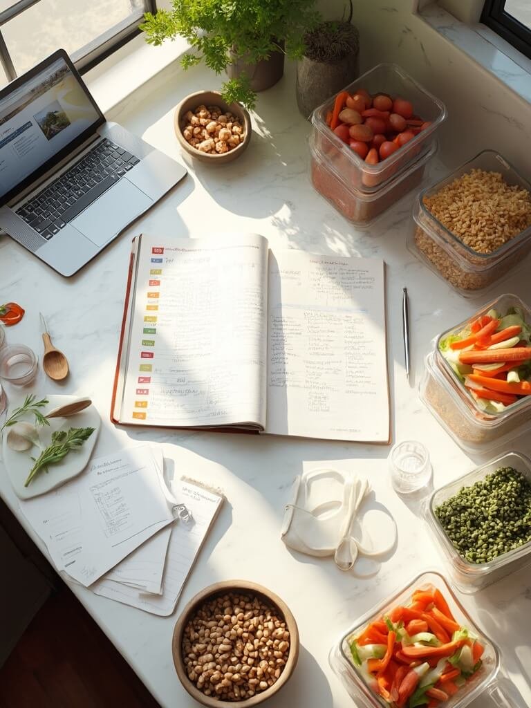 "Overhead shot of a monthly meal planning system with a calendar, organized ingredients, prepped meals in containers, and a budgeting laptop, on a marble countertop under soft natural lighting."