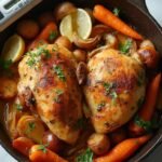 "Overhead shot of roast chicken with crispy skin and caramelized vegetables in a cast iron pan on a white marble countertop"