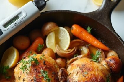 "Overhead shot of roast chicken with crispy skin and caramelized vegetables in a cast iron pan on a white marble countertop"