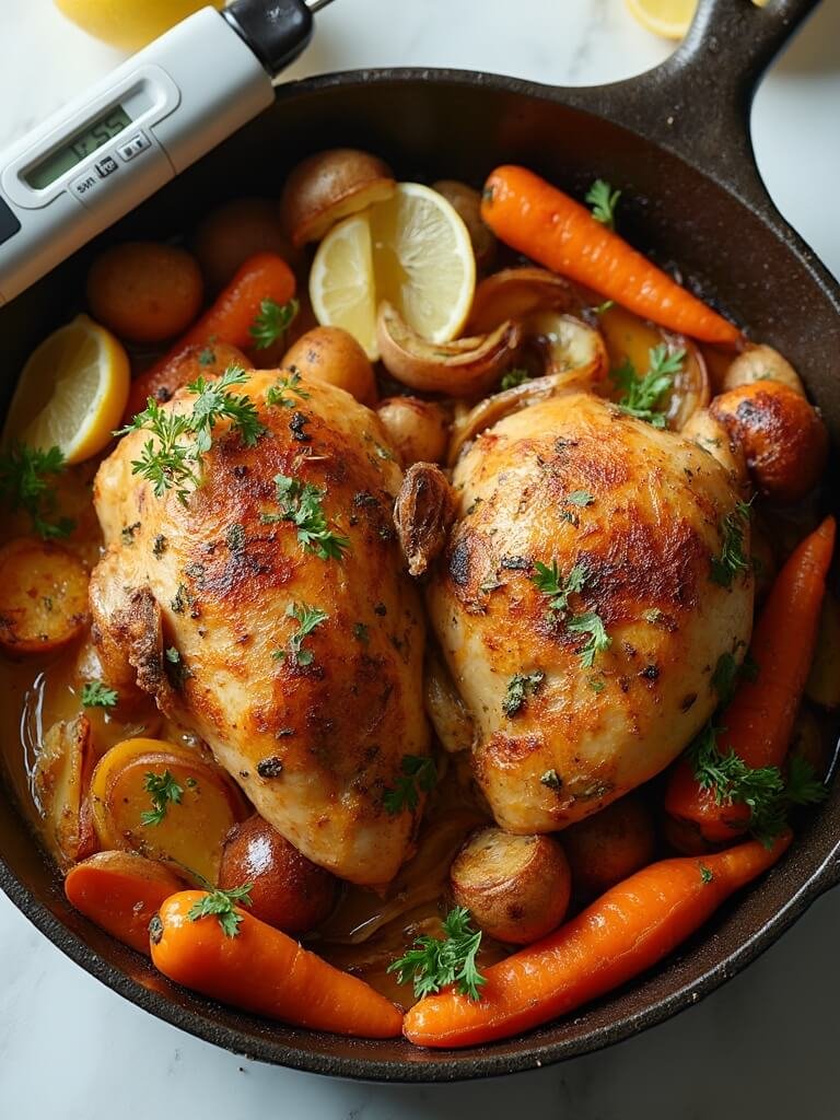"Overhead shot of roast chicken with crispy skin and caramelized vegetables in a cast iron pan on a white marble countertop"
