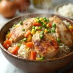 "Hearty one-pot chicken and vegetable rice bowl with visible seasonings on a clean white marble countertop, shot from a 45-degree angle"