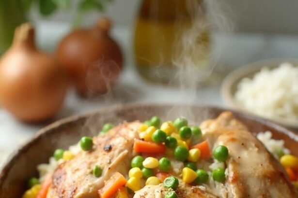 "Hearty one-pot chicken and vegetable rice bowl with visible seasonings on a clean white marble countertop, shot from a 45-degree angle"