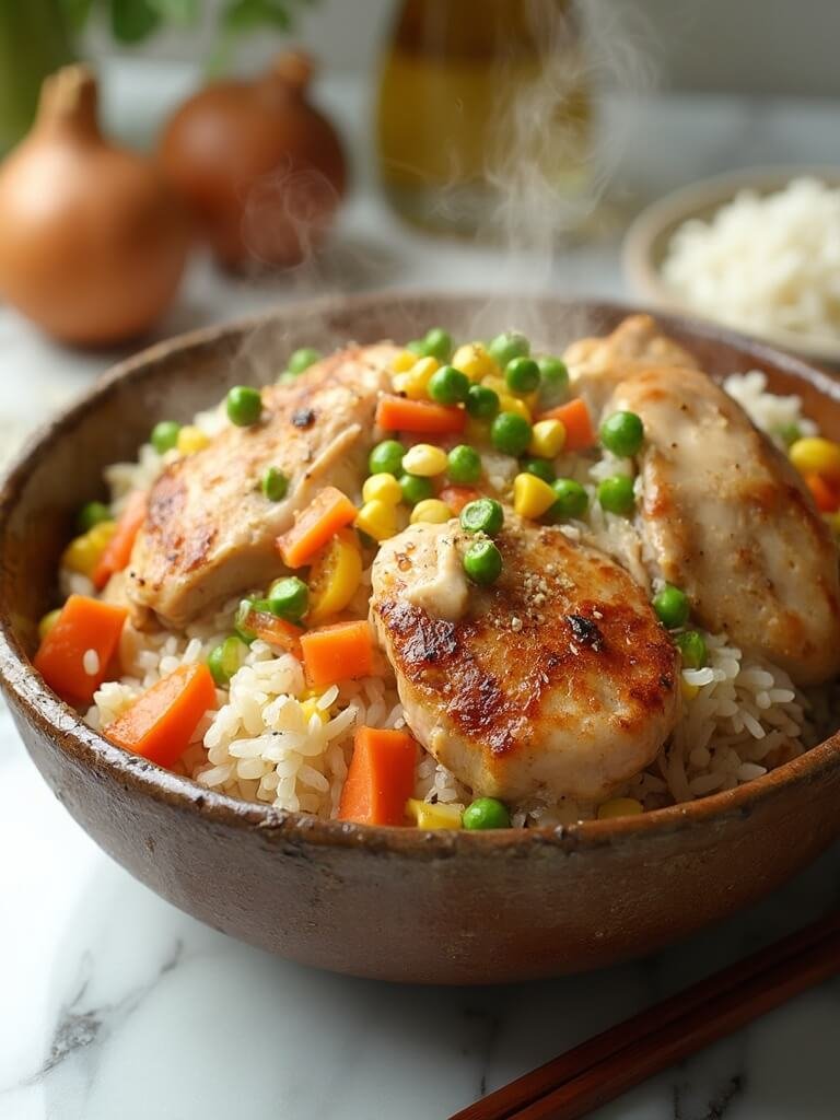 "Hearty one-pot chicken and vegetable rice bowl with visible seasonings on a clean white marble countertop, shot from a 45-degree angle"