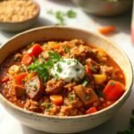 "One-pot lentil, rice and chicken bowl with mixed vegetables in tomato sauce garnished with fresh herbs, served on a clean white background"