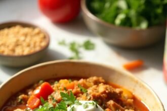 "One-pot lentil, rice and chicken bowl with mixed vegetables in tomato sauce garnished with fresh herbs, served on a clean white background"