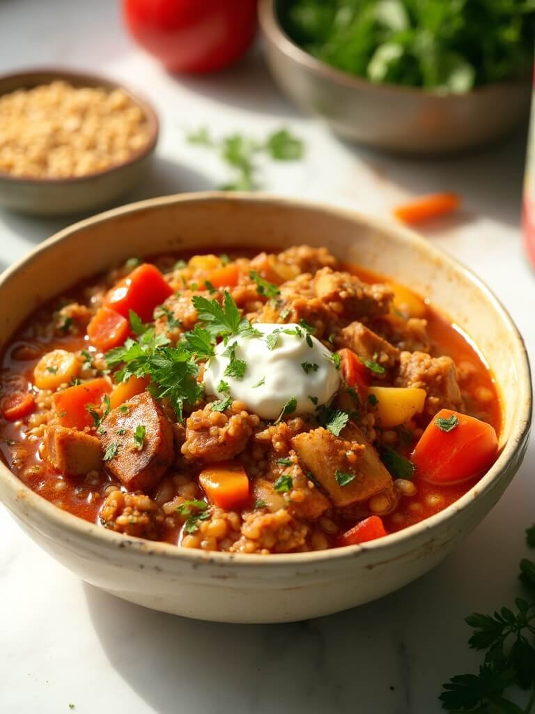 "One-pot lentil, rice and chicken bowl with mixed vegetables in tomato sauce garnished with fresh herbs, served on a clean white background"