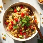 "Overhead shot of a vibrant couscous and quinoa bowl with chickpeas, diced vegetables, and seeds on a clean white marble background, with a wooden fork, extra chickpeas, fresh herbs, and halved lemon around it."