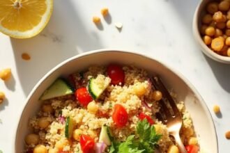 "Overhead shot of a vibrant couscous and quinoa bowl with chickpeas, diced vegetables, and seeds on a clean white marble background, with a wooden fork, extra chickpeas, fresh herbs, and halved lemon around it."