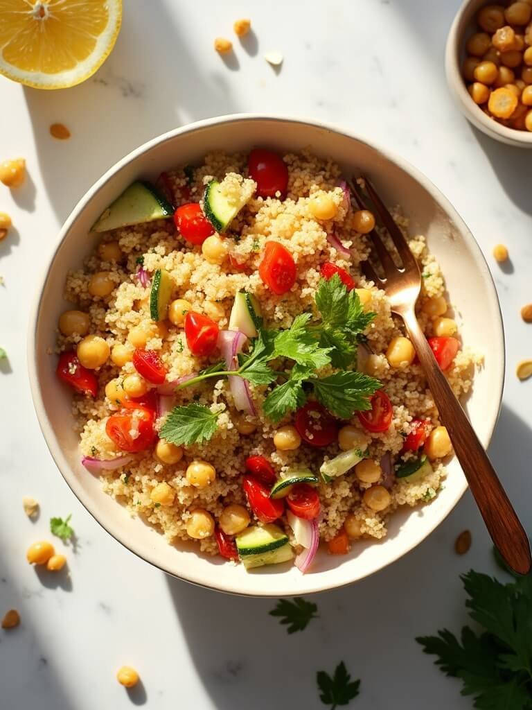 "Overhead shot of a vibrant couscous and quinoa bowl with chickpeas, diced vegetables, and seeds on a clean white marble background, with a wooden fork, extra chickpeas, fresh herbs, and halved lemon around it."