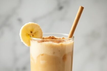 "Peanut butter banana smoothie garnished with banana wheel, cinnamon, and served with wooden straw, accompanied by fresh banana, peanut butter, rolled oats, and a cinnamon stick on a white marble surface with soft daylight"
