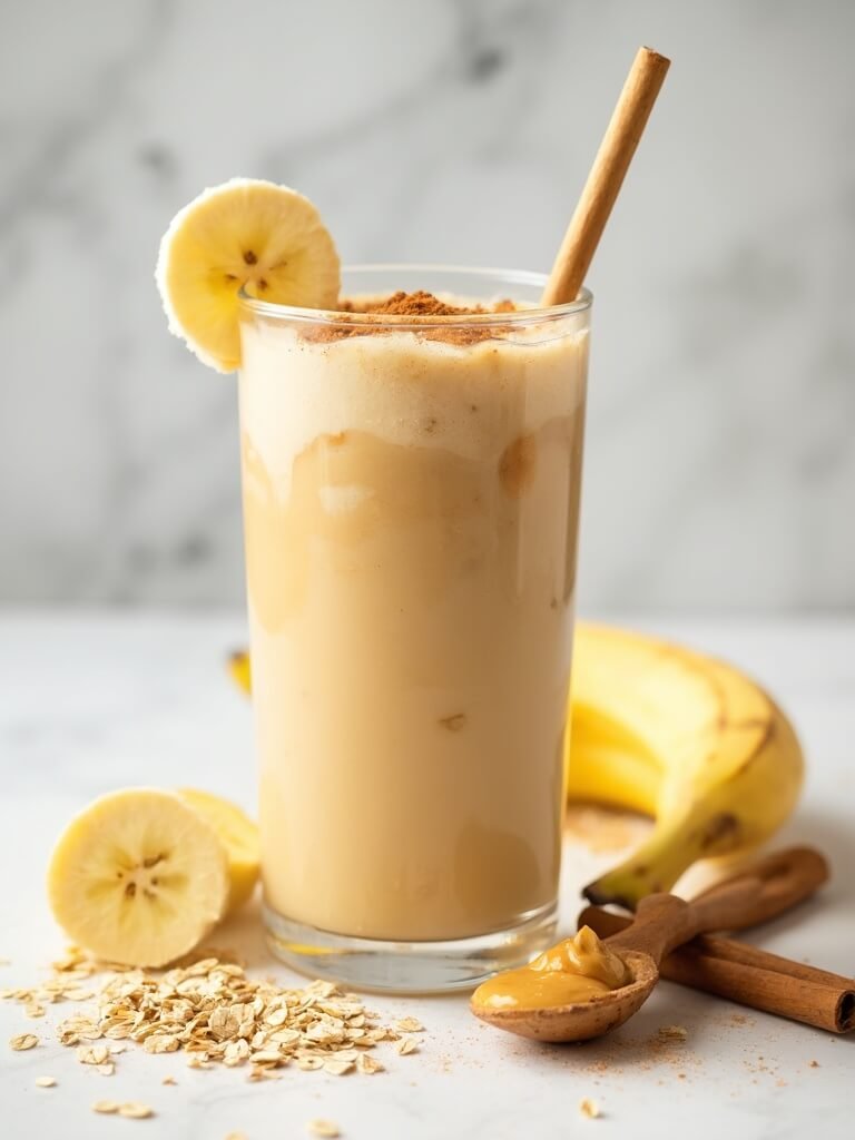 "Peanut butter banana smoothie garnished with banana wheel, cinnamon, and served with wooden straw, accompanied by fresh banana, peanut butter, rolled oats, and a cinnamon stick on a white marble surface with soft daylight"