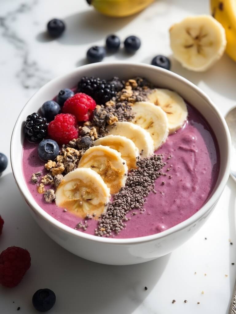 "Overhead view of a vibrant purple-pink smoothie bowl with banana slices, peanut butter, chia seeds, and granola on a clean white marble background, with frozen berries and half a banana slightly out of focus."