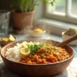 "Steaming bowl of red lentil curry over basmati rice with cilantro garnish and lemon wedges on a white marble countertop"