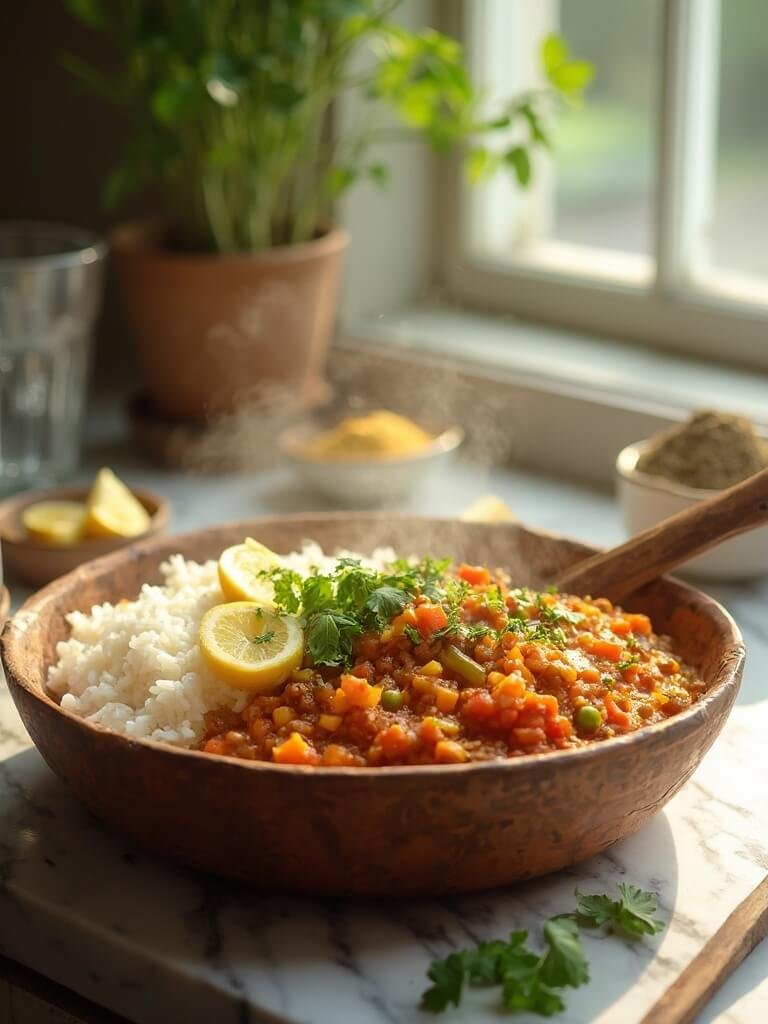 "Steaming bowl of red lentil curry over basmati rice with cilantro garnish and lemon wedges on a white marble countertop"