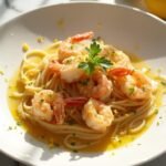 "Classic shrimp scampi linguine with garlic, lemon and parsley in a white ceramic bowl on a clean marble background"