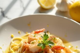 "Classic shrimp scampi linguine with garlic, lemon and parsley in a white ceramic bowl on a clean marble background"