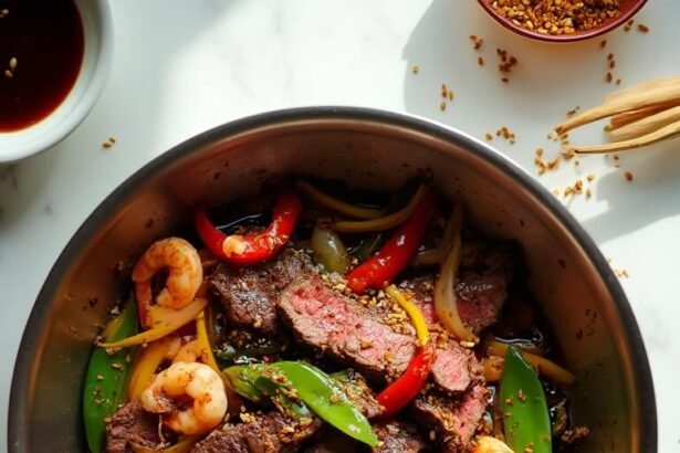 "Overhead shot of steak and shrimp stir-fry with bell peppers and snap peas in a stainless steel wok, garnished with sesame seeds on a marble countertop."