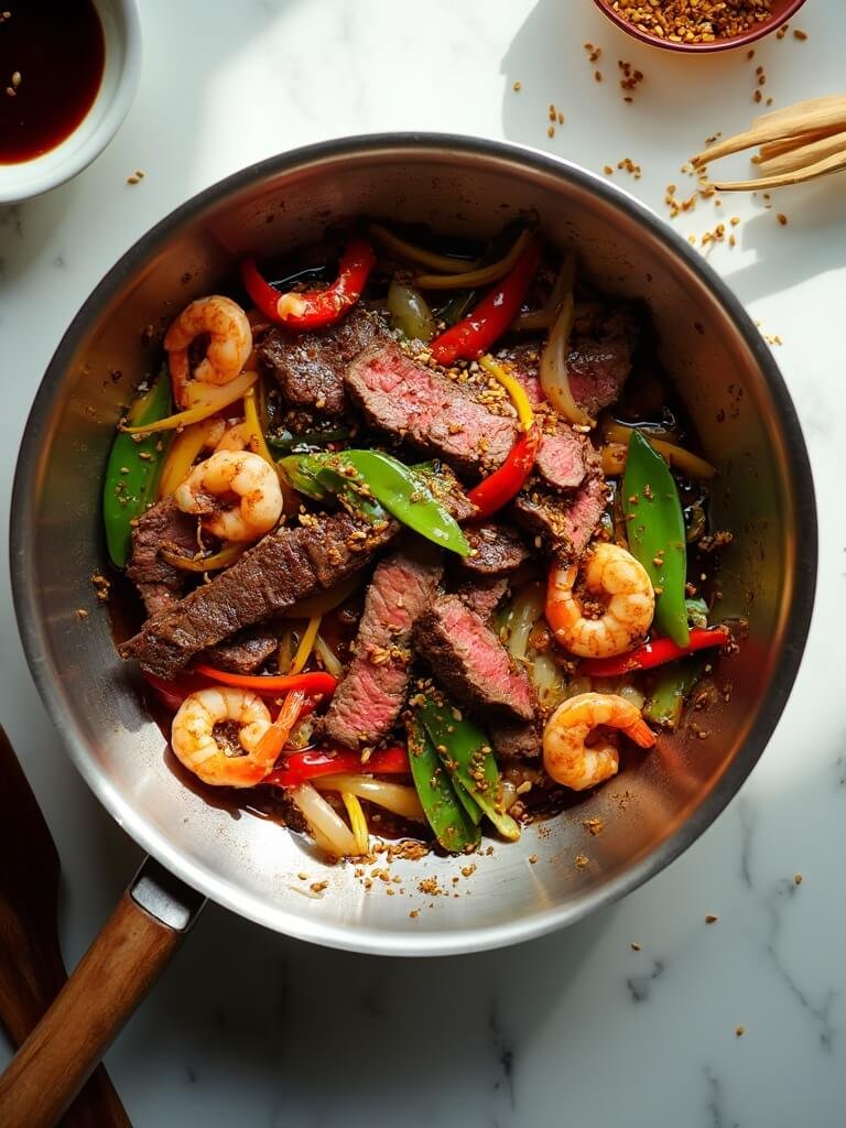 "Overhead shot of steak and shrimp stir-fry with bell peppers and snap peas in a stainless steel wok, garnished with sesame seeds on a marble countertop."