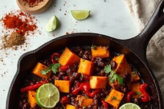 "Overhead view of a skillet with caramelized sweet potato cubes, black beans, and diced red bell peppers, garnished with cilantro and lime on a clean marble countertop"