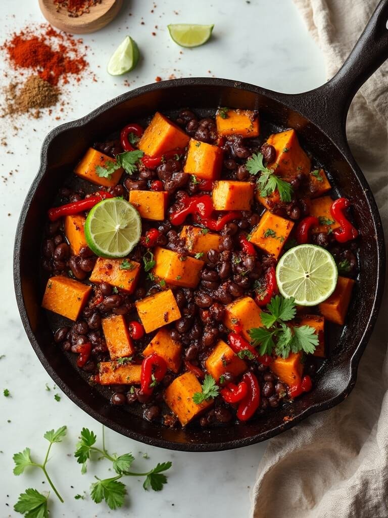 "Overhead view of a skillet with caramelized sweet potato cubes, black beans, and diced red bell peppers, garnished with cilantro and lime on a clean marble countertop"