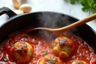 "Turkey meatballs in tomato sauce simmering in a skillet on a marble countertop"