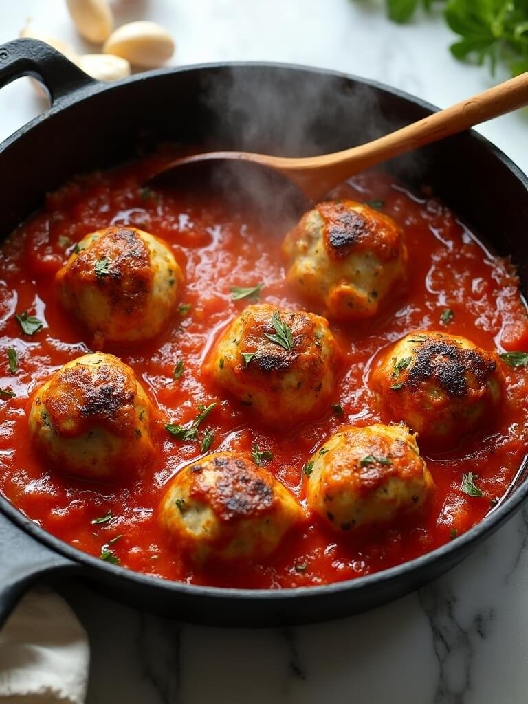 "Turkey meatballs in tomato sauce simmering in a skillet on a marble countertop"