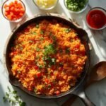 "Overhead view of Victoria's Famous Sofrito Rice in rustic iron pan on white marble countertop, surrounded by ingredients in glass bowls with wooden spoon resting beside, under soft natural daylight."