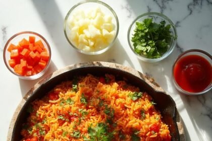 "Overhead view of Victoria's Famous Sofrito Rice in rustic iron pan on white marble countertop, surrounded by ingredients in glass bowls with wooden spoon resting beside, under soft natural daylight."
