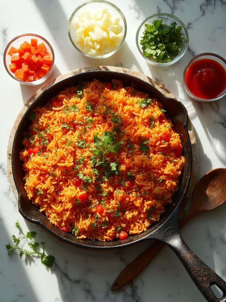"Overhead view of Victoria's Famous Sofrito Rice in rustic iron pan on white marble countertop, surrounded by ingredients in glass bowls with wooden spoon resting beside, under soft natural daylight."