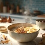 "Steaming bowl of whole grain porridge with sliced bananas, chopped walnuts, cinnamon, and maple syrup on a marble countertop in a modern kitchen"