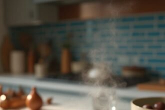 "Steaming bowl of whole grain porridge with sliced bananas, chopped walnuts, cinnamon, and maple syrup on a marble countertop in a modern kitchen"