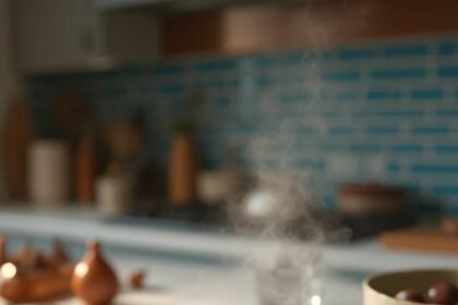 "Steaming bowl of whole grain porridge with sliced bananas, chopped walnuts, cinnamon, and maple syrup on a marble countertop in a modern kitchen"